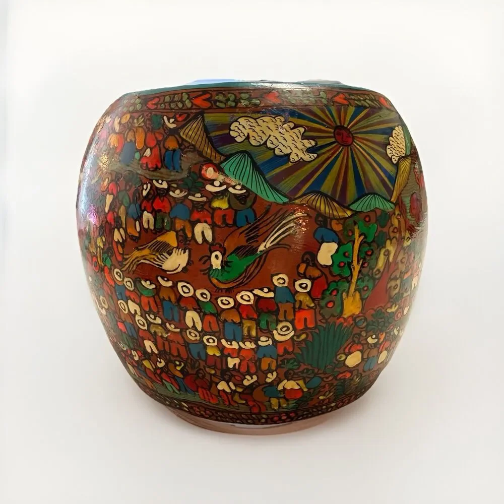 VTG Signed Mexico Folk Art Pottery Planter Story Circle of Life Sculpture Mural